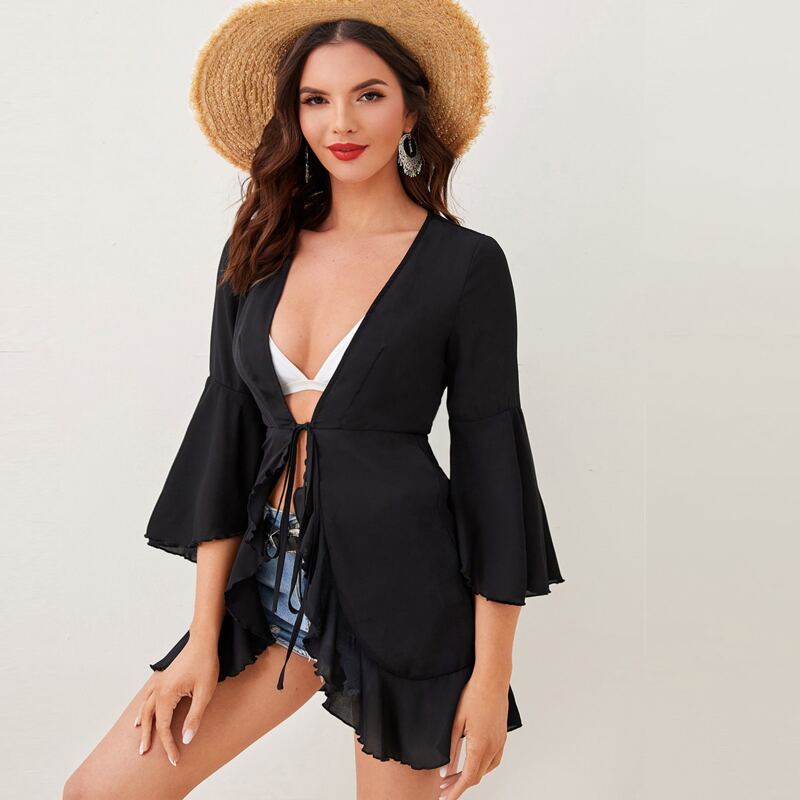 

Flounce Sleeve Tie Front Ruffle Trim Kimono, Black