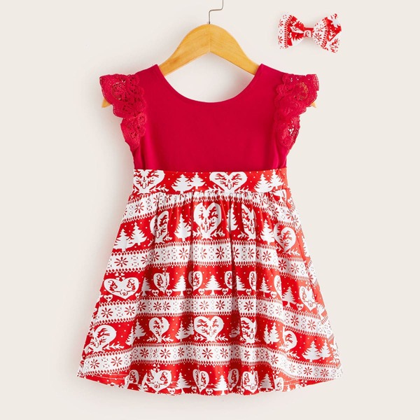 

Toddler Girls Contrast Christmas Print Dress With Hair Clip, Red