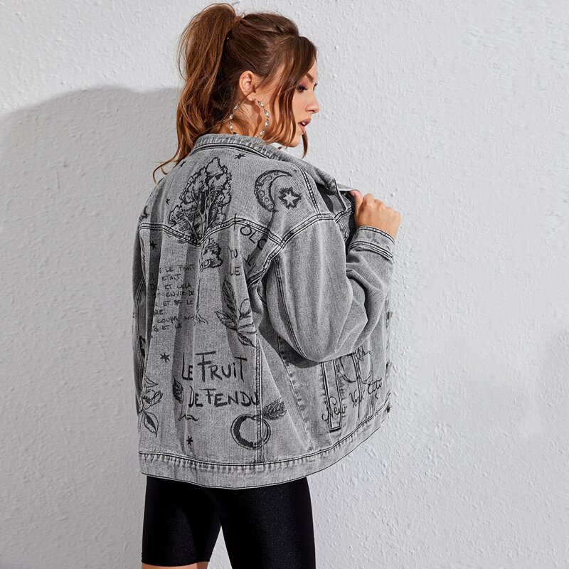 

Letter & Plants Graphic Trucker Denim Jacket, Grey