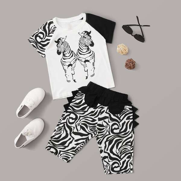 

Toddler Boys Zebra Print Raglan Sleeve Tee & Shorts, Black and white
