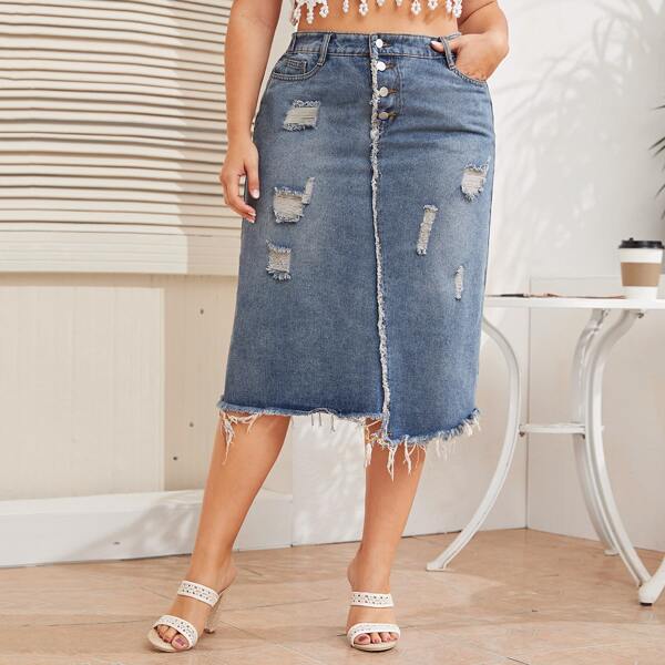 

Plus Ripped Raw Hem Denim Straight Skirt, Blue pastel