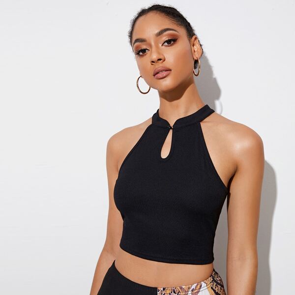 

Solid Rib-knit Crop Halter Top, Black