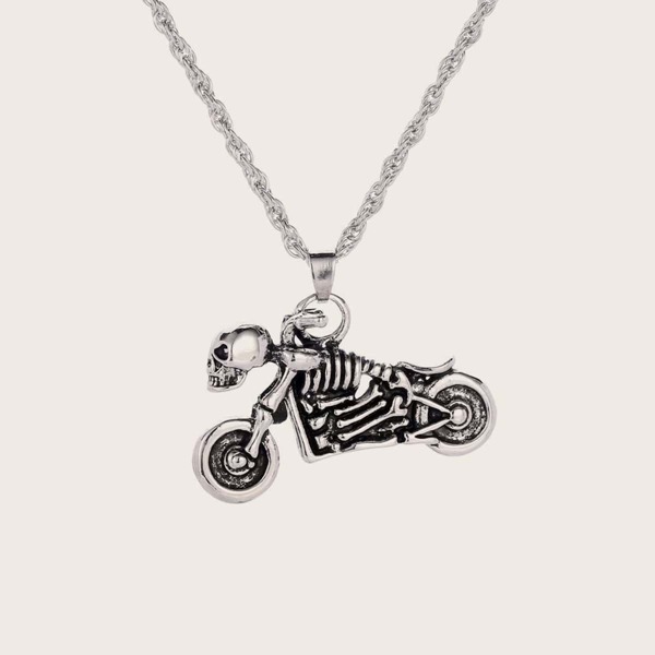 

1pc Men Skeleton & Motorcycle Charm Necklace, Silver