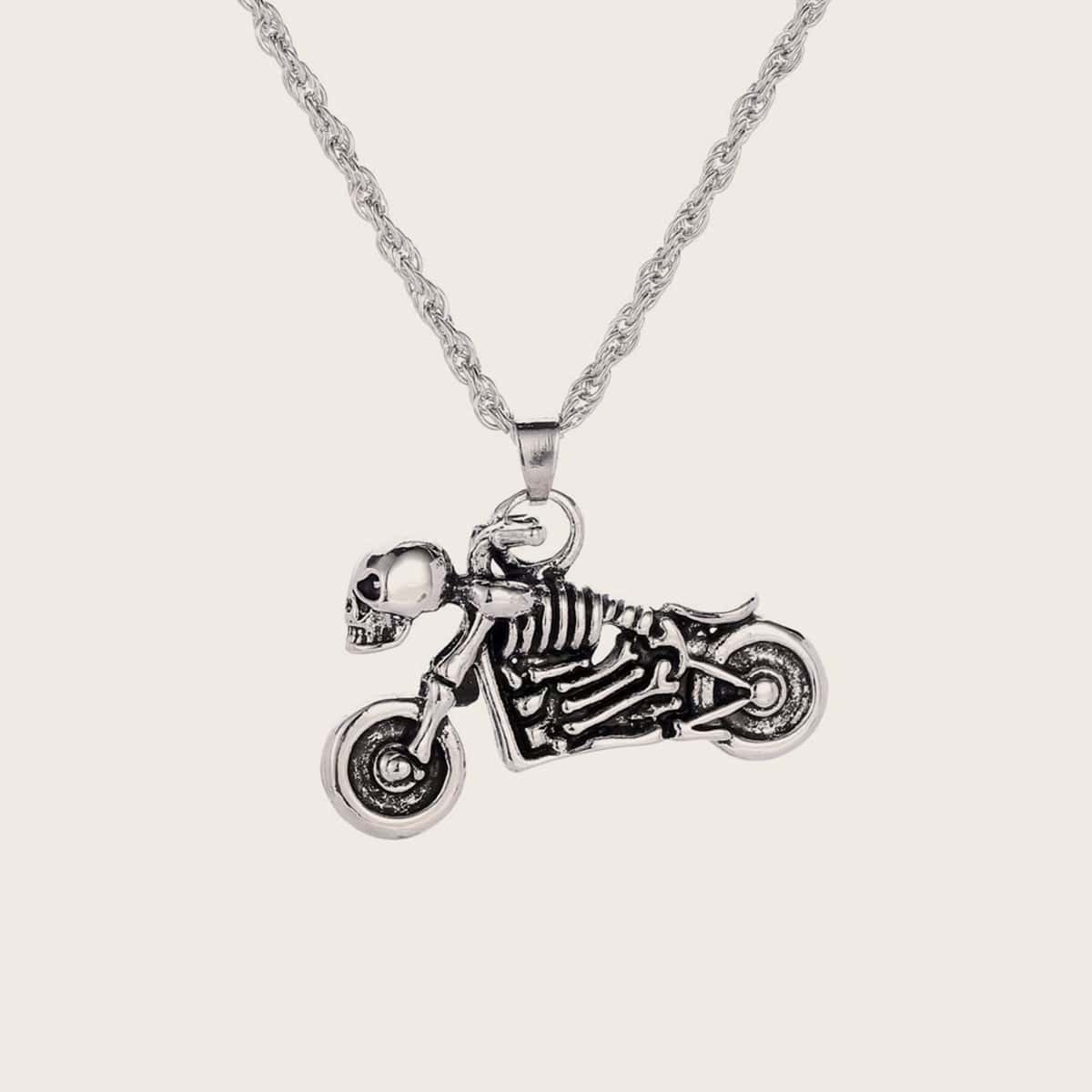 

1pc Guys Skeleton & Motorcycle Charm Necklace, Silver