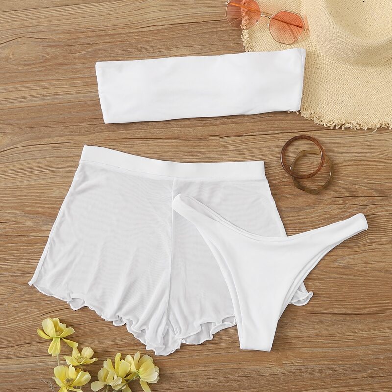 

3pack Plain Bandeau Mesh Co-ord Bikini Swimsuit, White