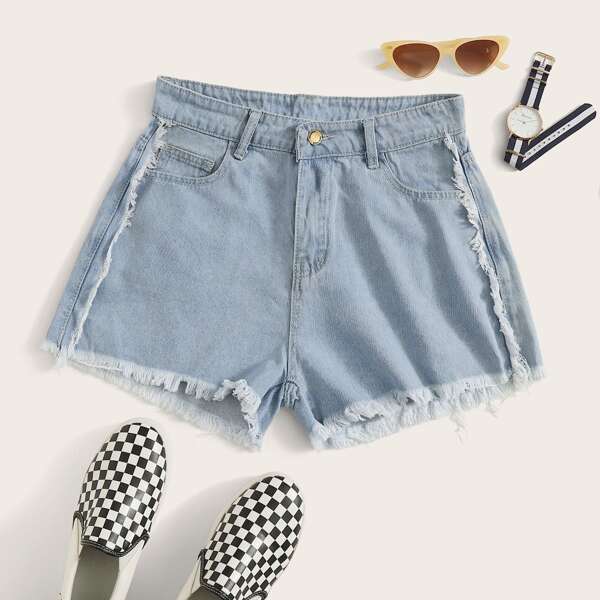 

Raw Hem Solid Denim Shorts, Blue pastel
