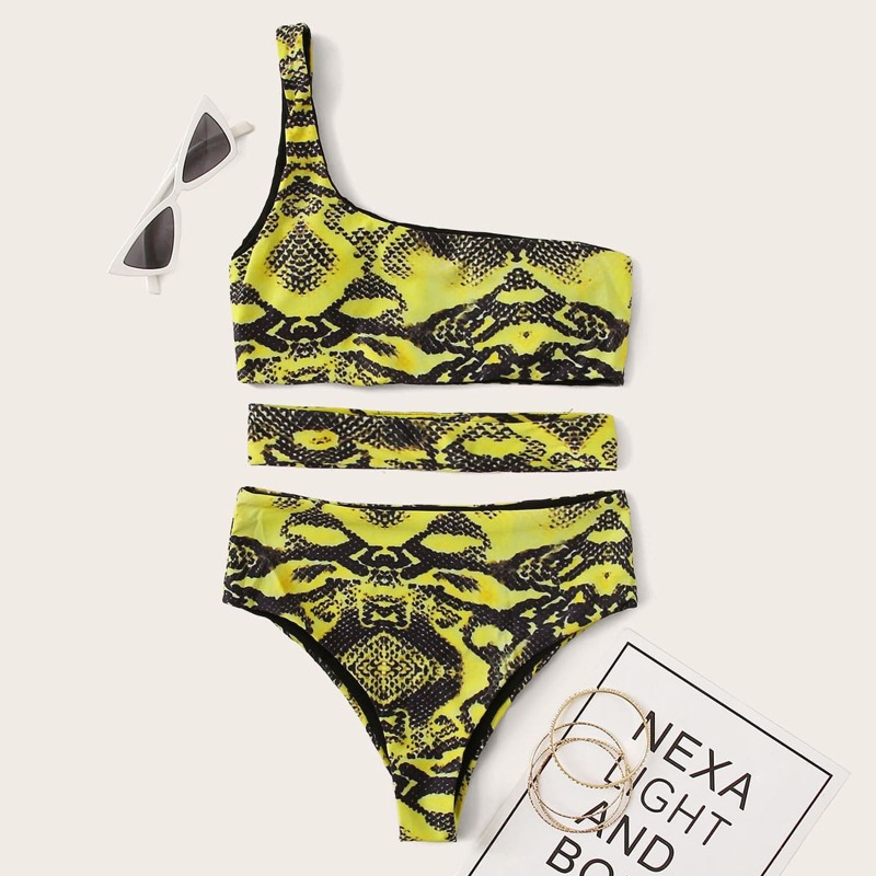 

Snakeskin One Shoulder High Cut Bikini Swimsuit, Multicolor