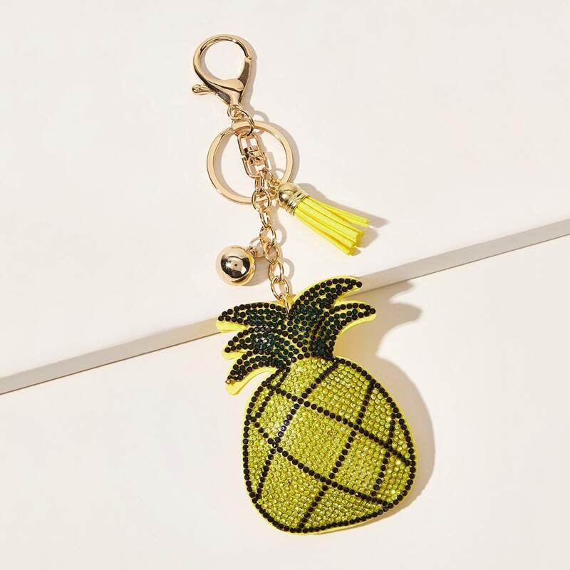 

Rhinestone Engraved Pineapple Charm Keychain, Yellow