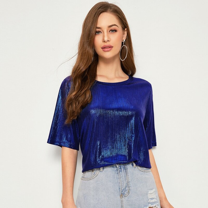 

Neon Blue Glitter Round Neck Tee, Blue bright