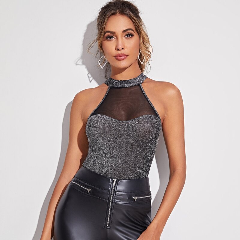 

Mesh Insert Glitter Halter Top, Grey