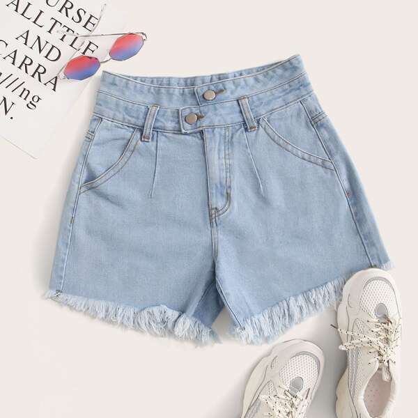 

Solid Raw Hem Denim Shorts, Blue