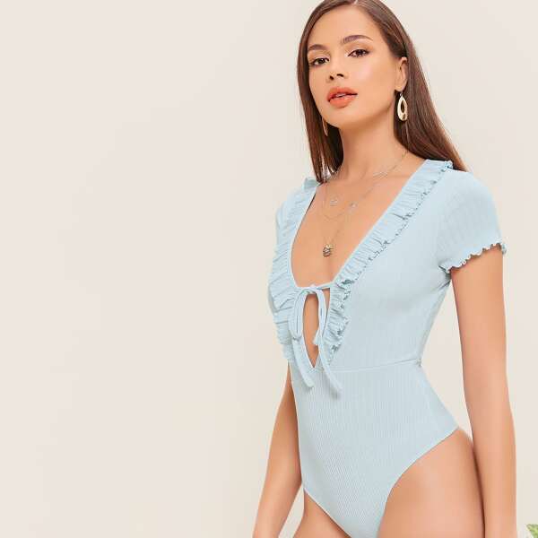 

Tie Neck Lettuce Edge Ruffle Short Sleeve Bodysuit, Blue pastel