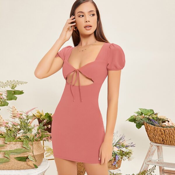 

Short Puff Sleeve Tie Front Cut Out Mini Dress, Pink