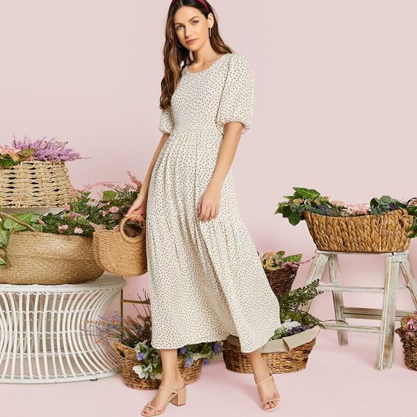 

Short Sleeve Berry Fruit Print Shirred Maxi Dress, White