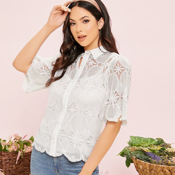 

Short Sleeve Button Front Lace Shirt Without Cami Top, White