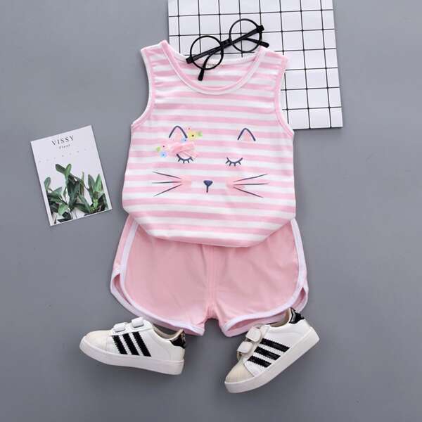 

Toddler Girls Striped & Cartoon Graphic Tank Top With Shorts, Pink