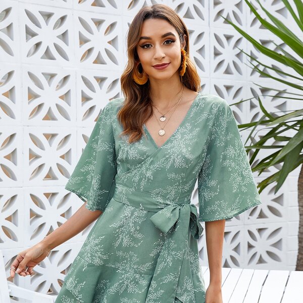 

Wrap Belted Layered Hem Plants Dress, Green