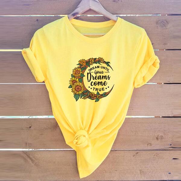 

Letter & Floral Print Tee, Yellow
