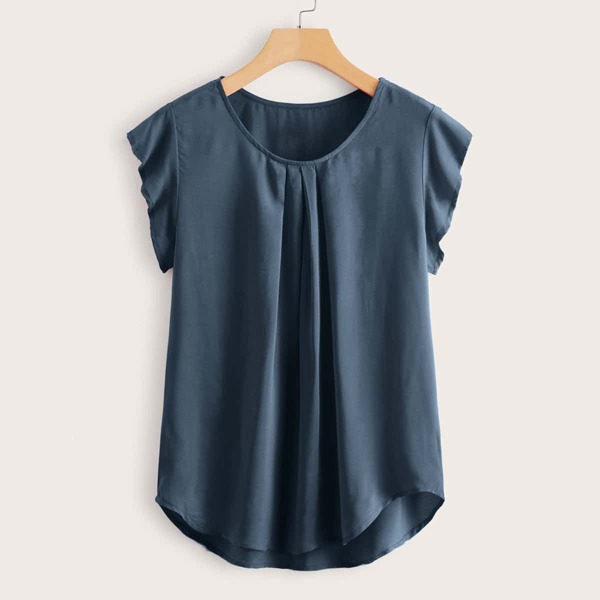

Curved Hem Fold Pleated Detail Top, Navy blue