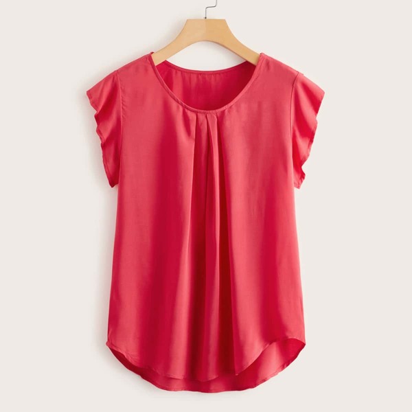 

Curved Hem Fold Pleated Detail Top, Red