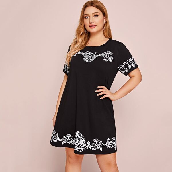

Plus Tribal Print Tee Dress, Black