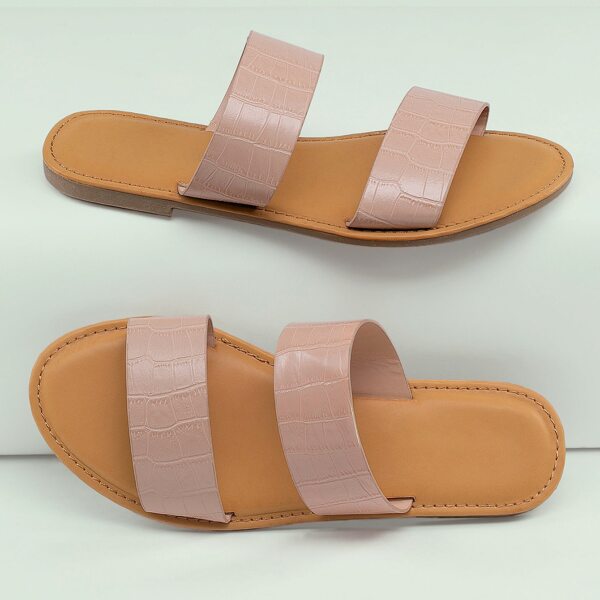 

Crocodile Embossed Double Band Flat Slide Sandals, Pink