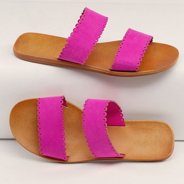 

Wavy Edge Twin Band Flat Slide Sandals, Hot pink
