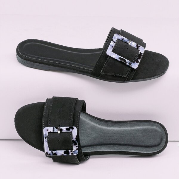 

Buckle Detail Open Toe Flat Slide Sandals, Black