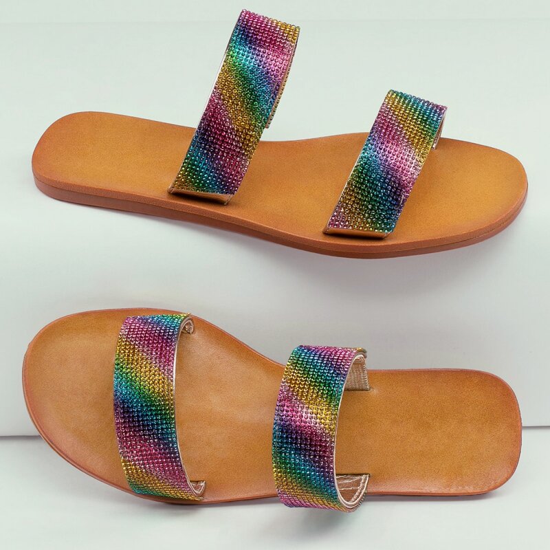 

Rainbow Rhinestone Pave Double Band Slide Sandals, Multicolor