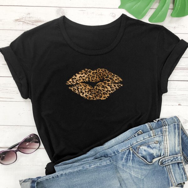 

Leopard Lipstick Print Short Sleeve Tee, Black