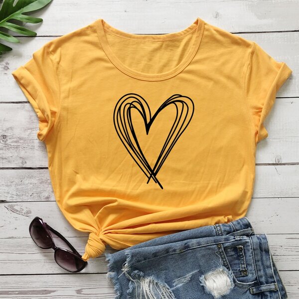

Heart Print Round Neck Tee, Yellow