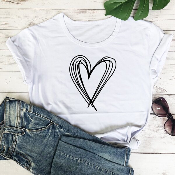 

Heart Print Round Neck Tee, White