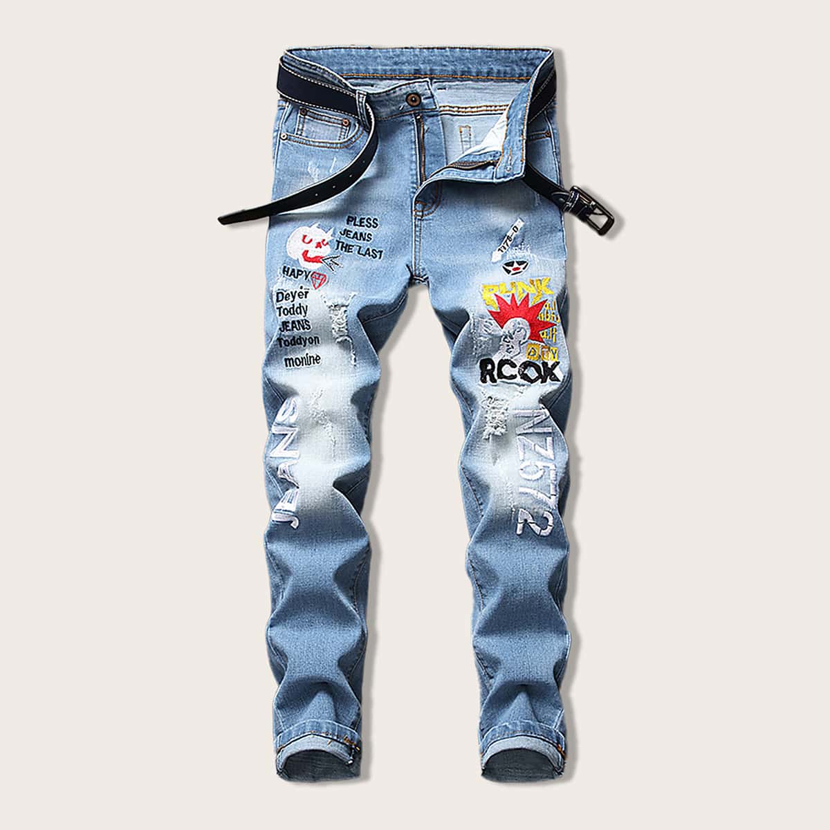 

Guys Letter Embroidery Ripped Jeans, Medium wash