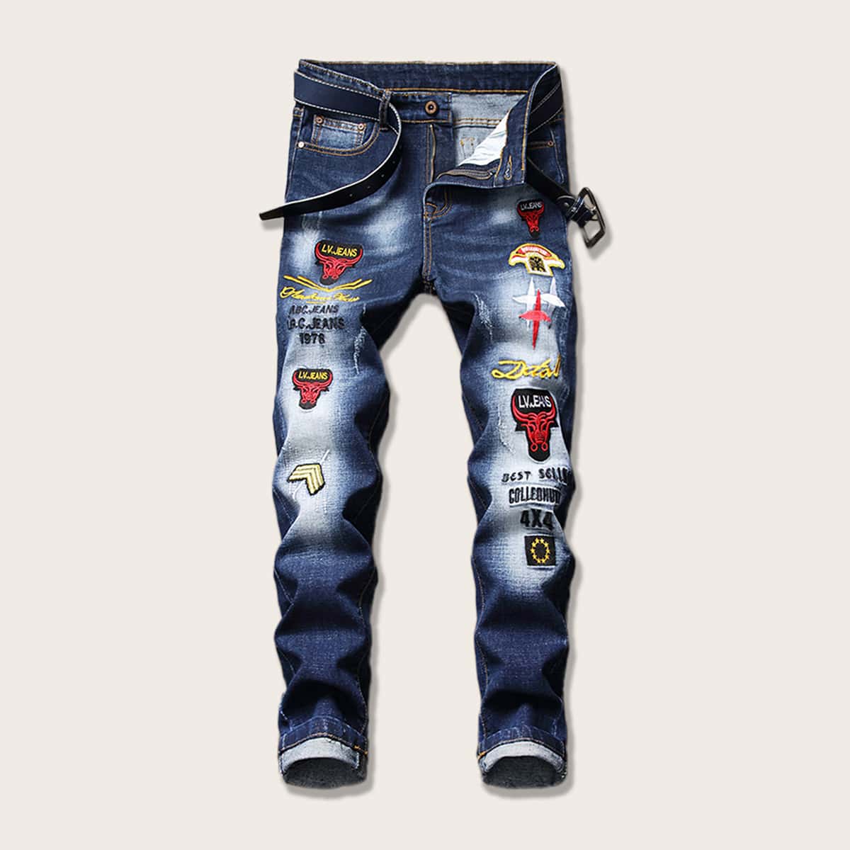 

Guys Patched Washing Jeans, Blue