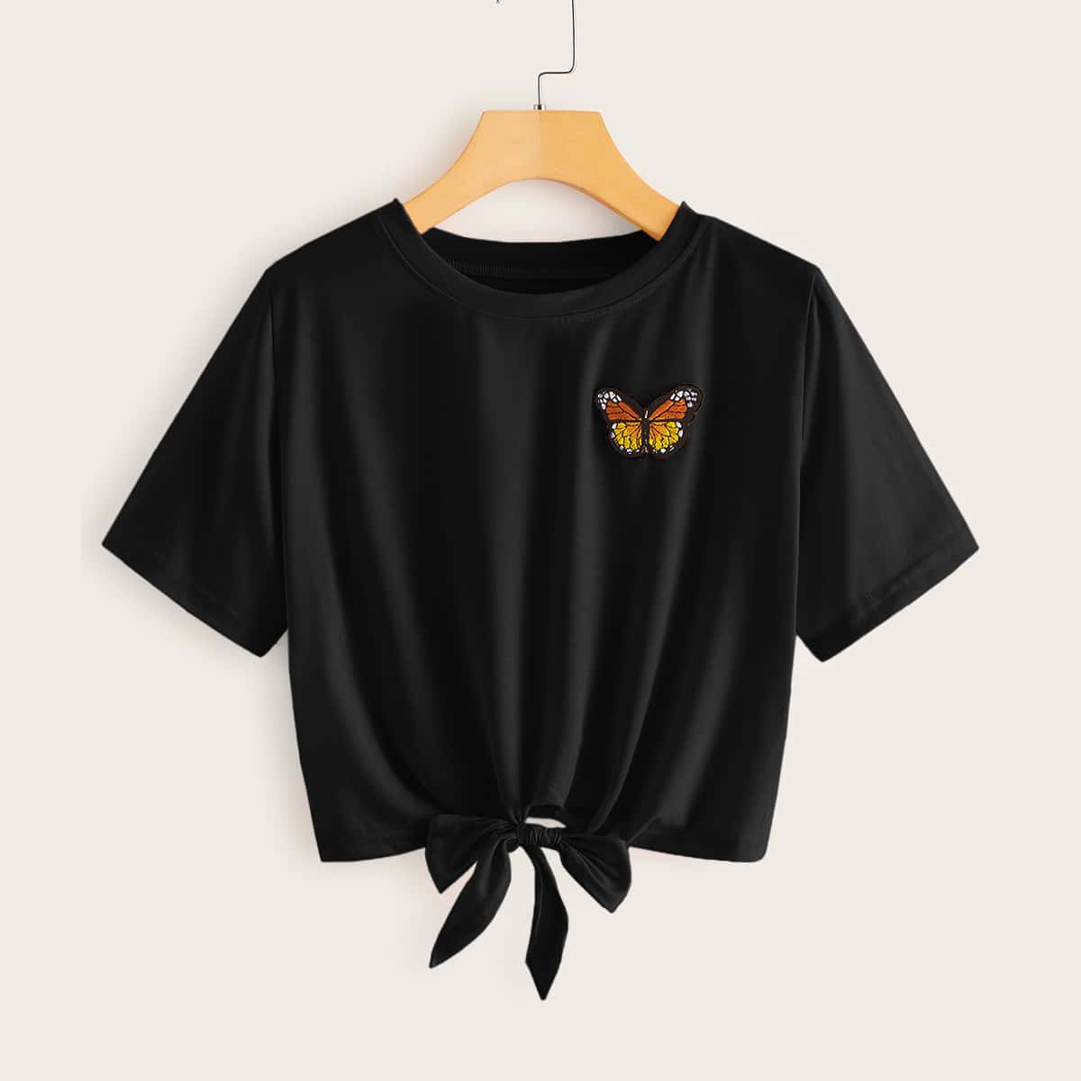 

Butterfly Embroidery Knot Hem Crop Top, Black