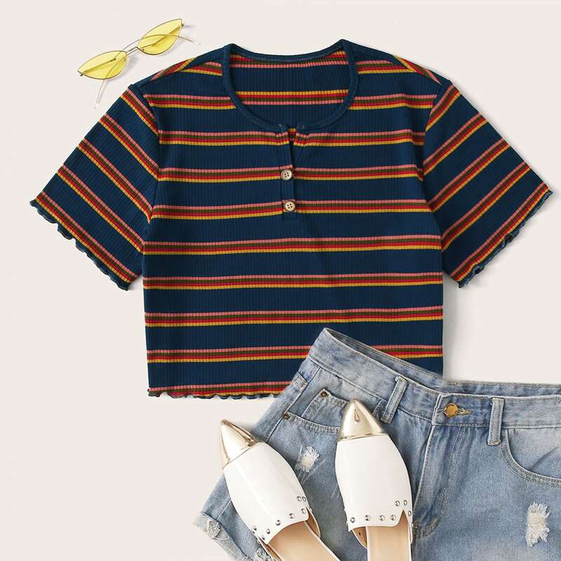 

Striped Lettuce Trim Henley Crop Tee, Multicolor