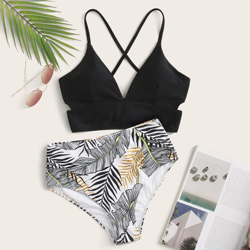 Tie Back Top With Random Tropical Bikini, Multicolor