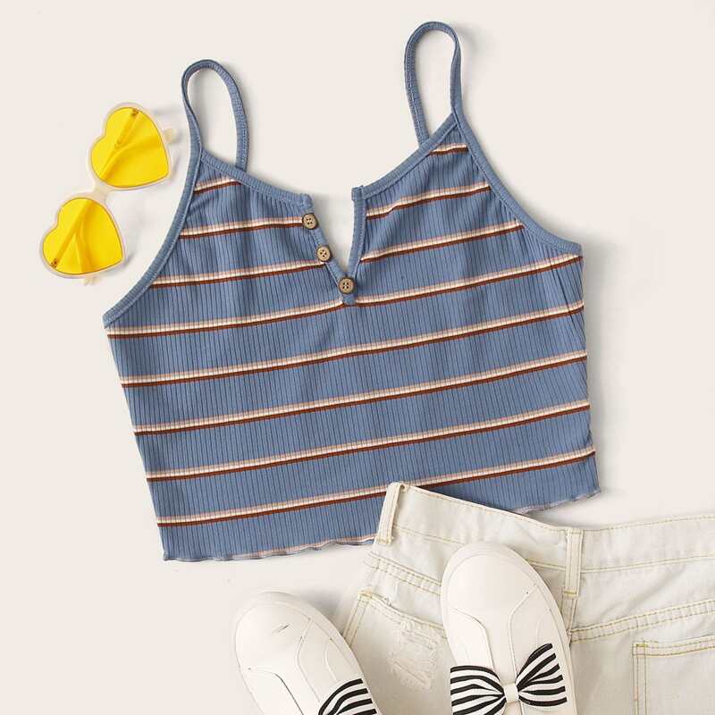 

Striped Button Neck Crop Cami, Blue