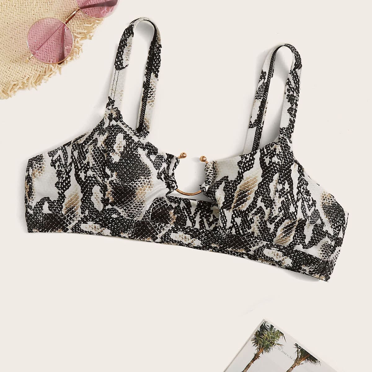 

Cut-out Front Snakeskin Print Bikini Top, Multicolor