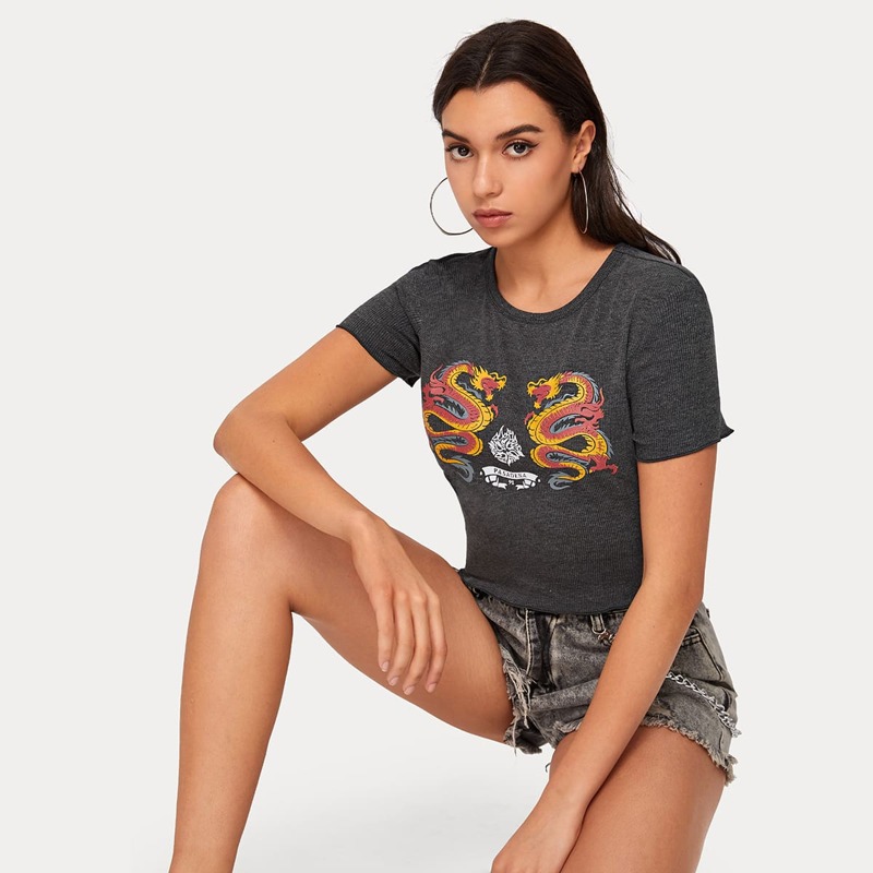 

Dragon Graphic Crop Grey Tee
