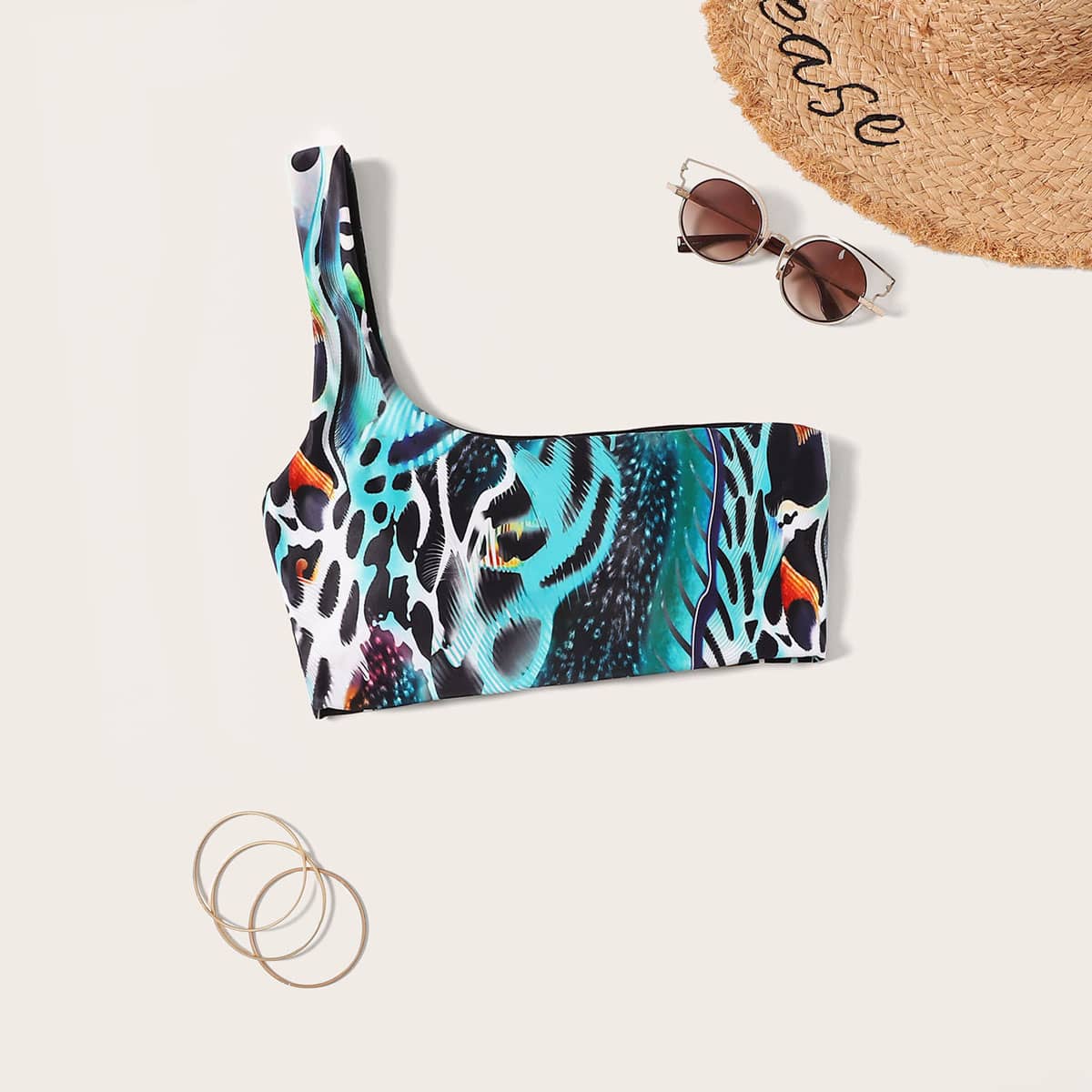 

One Shoulder Random Animal Bikini Top, Multicolor