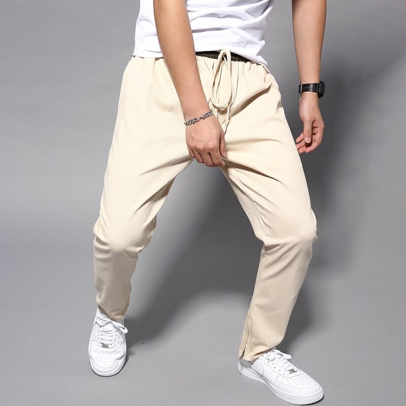 

Guys Drawstring Waist Zip Hem Pants, Beige