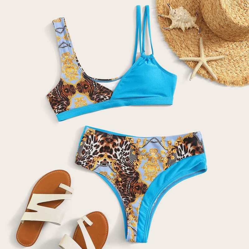 

Contrast Leopard & Baroque Print Bikini Swimsuit, Multicolor