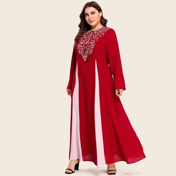 

Plus Plants Embroidery Tie Front A-line Dress, Red