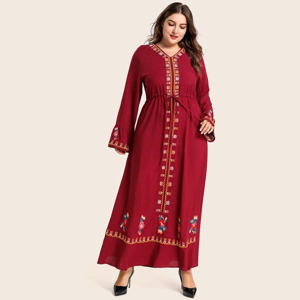 

Plus Tribal Embroidery Tie Front A-line Dress, Red