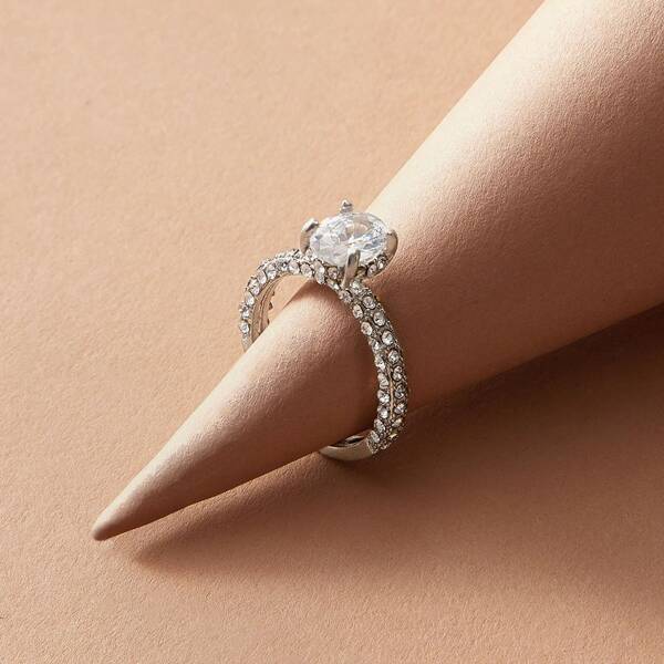 

1pc Rhinestone Engraved Ring, Silver