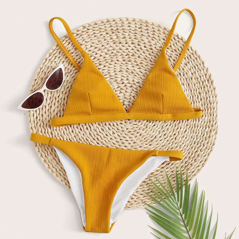 

Textured Triangle Tanga Bikini Swimsuit, Yellow