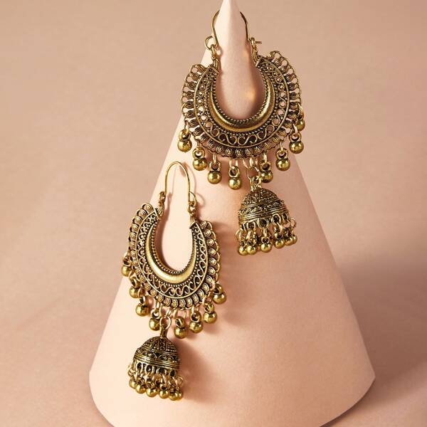 

1pair Tribal Round Ball Tassel Decor Drop Jhumka Earrings, Gold