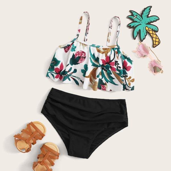 

Girls Random Floral Top With High Waisted Bikini, Multicolor