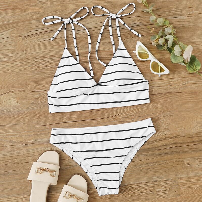 

Tie Strap Striped Bikini Swimsuit, White